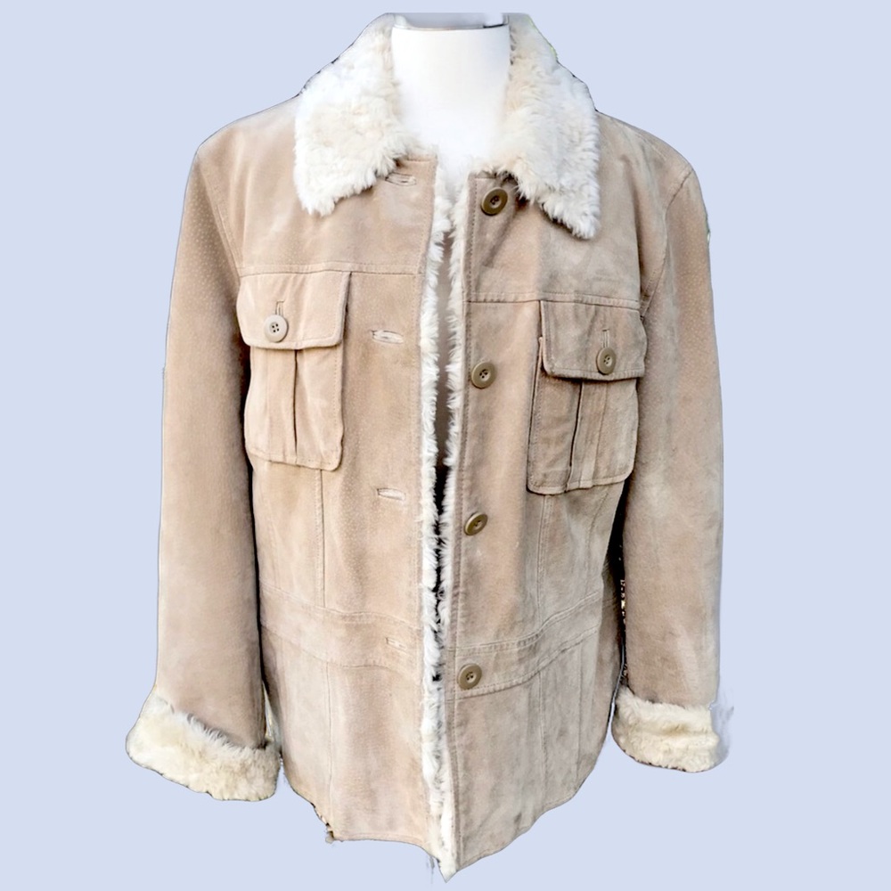 Wilsons Leather Beige Suede Shearling Jacket with Cream Fur Trim